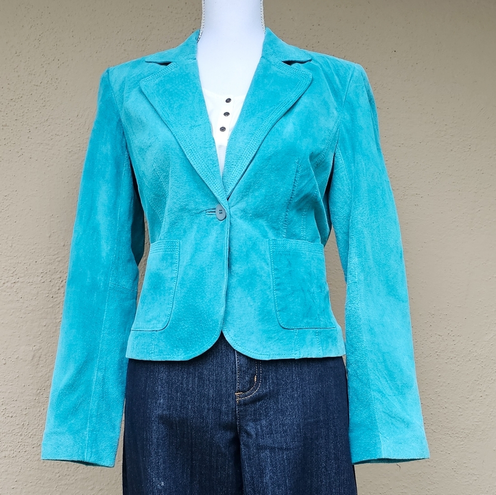 Alfani Teal Ocean Blue 100% Leather Suede Lined Jacket Size Small